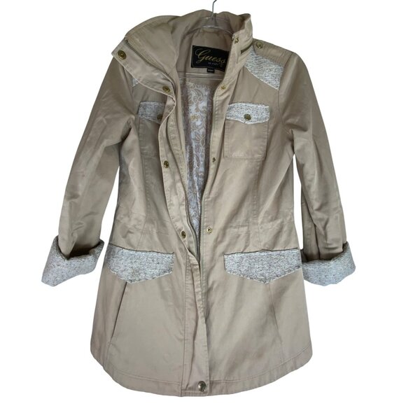 Guess Small Beige Trench Coat Tweed Trim Utilitarian Safari Jacket Casual Y2K - Picture 3 of 8